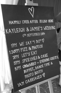 Details of their day handwritten on a blackboard to match the invitations. By Eleanor Gail.